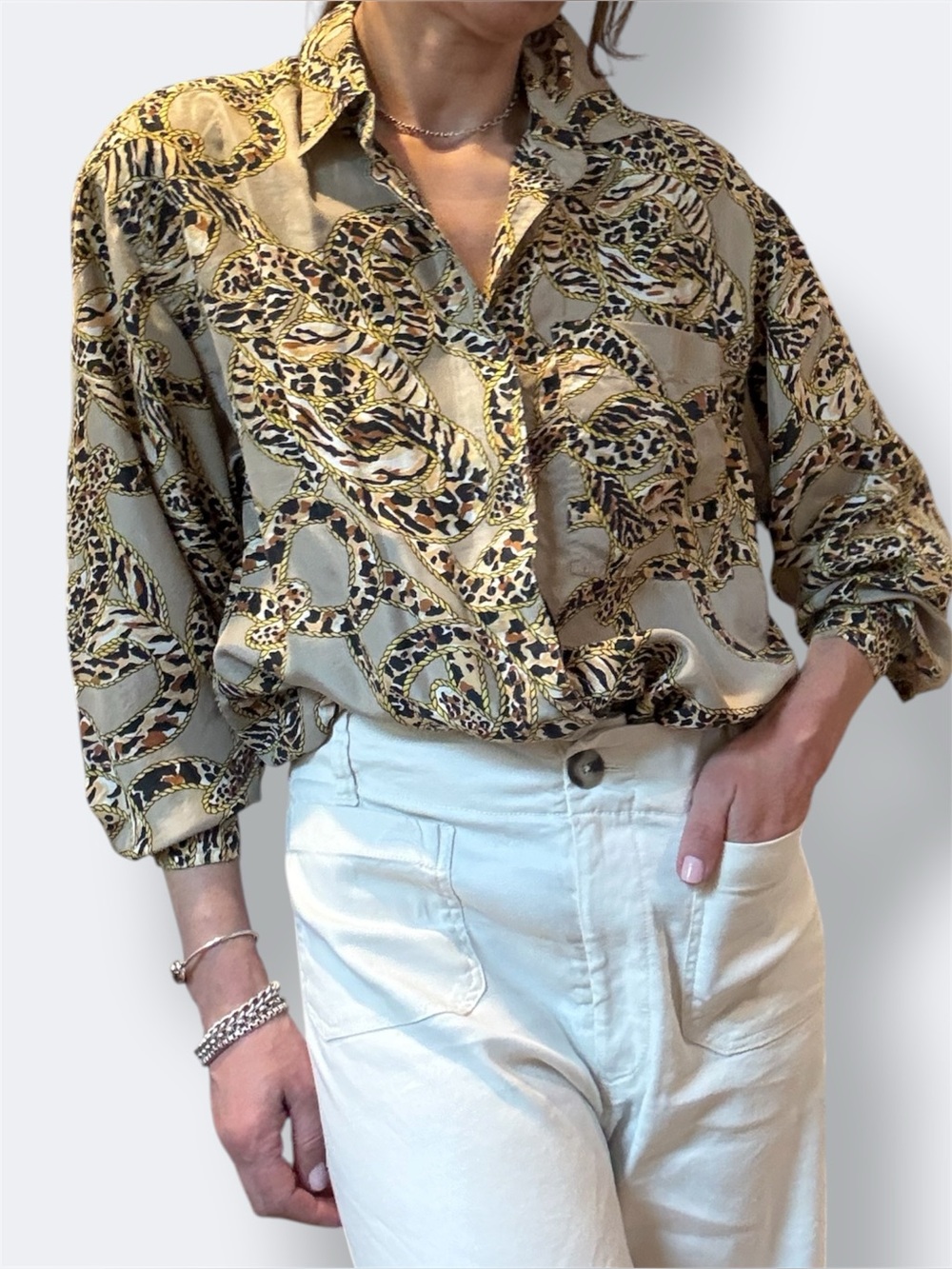 Vintage SLB Sunny Leigh Animal Gold Chain Link Print Button-Up Silk Blouse